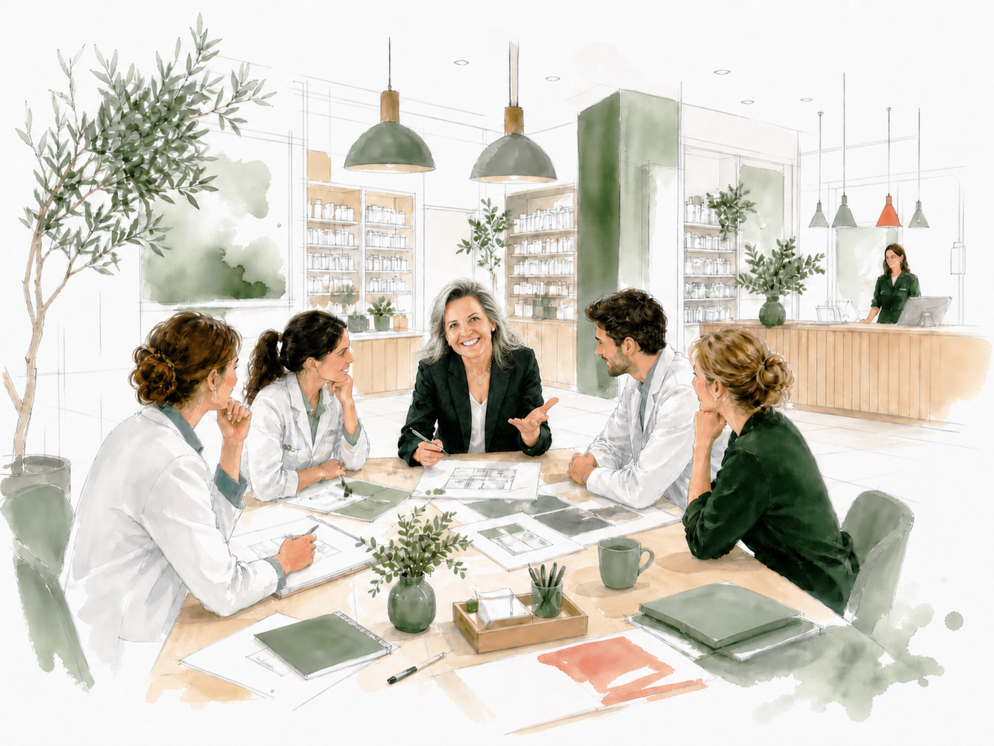 Sabine Chassaing accompagne une équipe de pharmaciens dans une officine