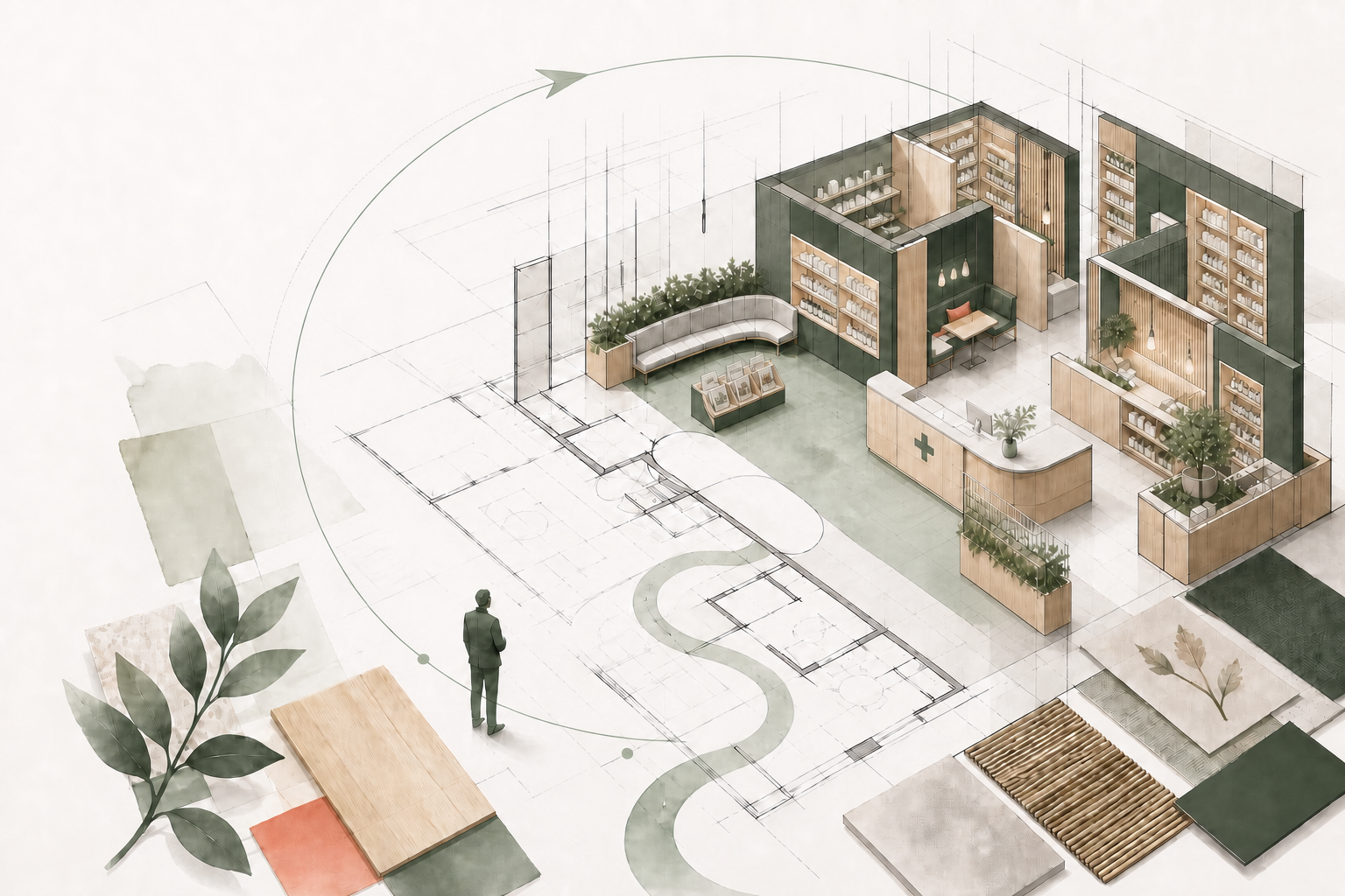 Illustration architecturale d’un agencement de pharmacie avec étagères, accueil, plantes et porte-revues