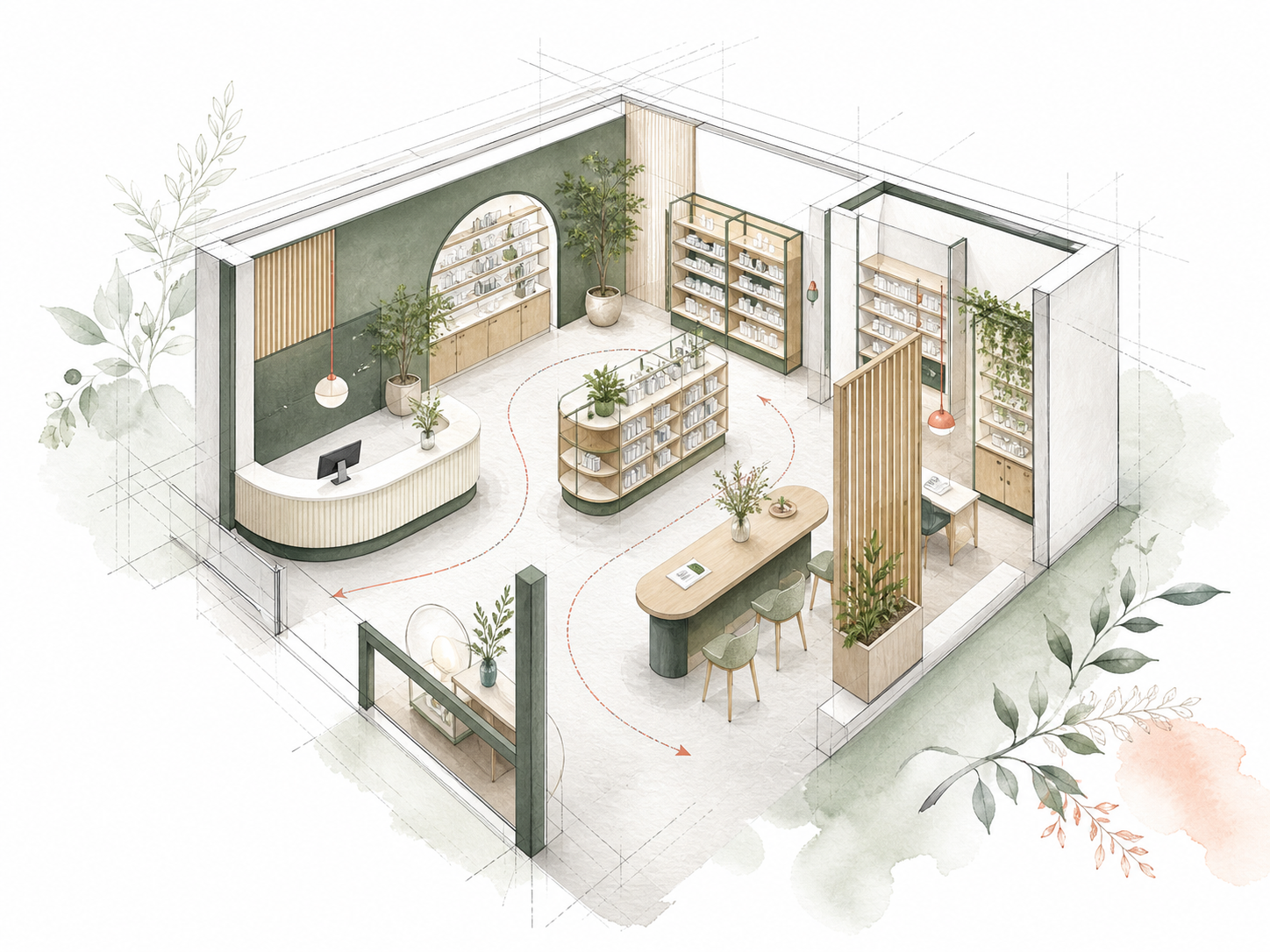 Dessin architectural expliquant la conception d’un agencement de pharmacie sur mesure