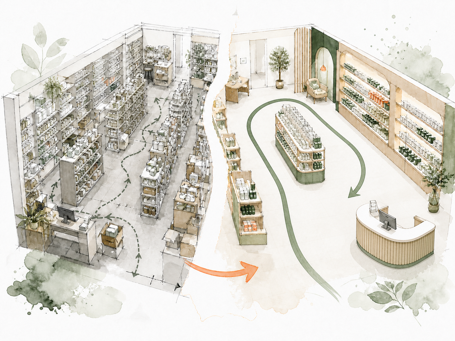 Dessin illustrant l’optimisation du parcours et des linéaires d’une pharmacie