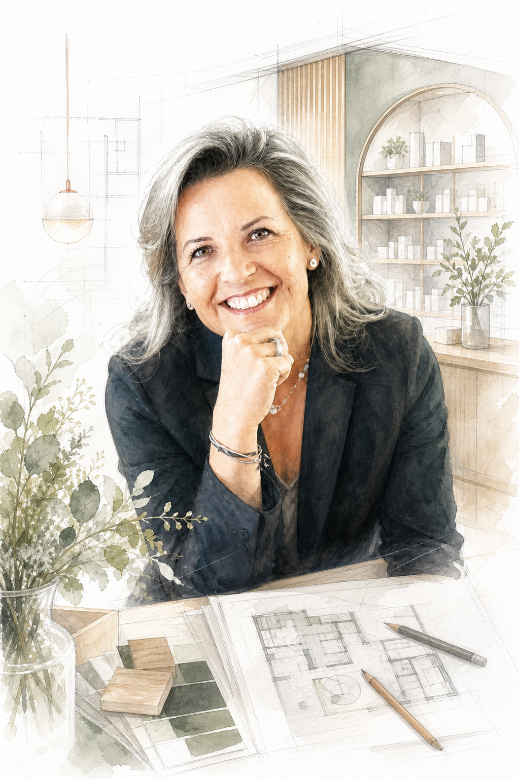 Portrait dessiné de Sabine Chassaing dans son univers d’agencement